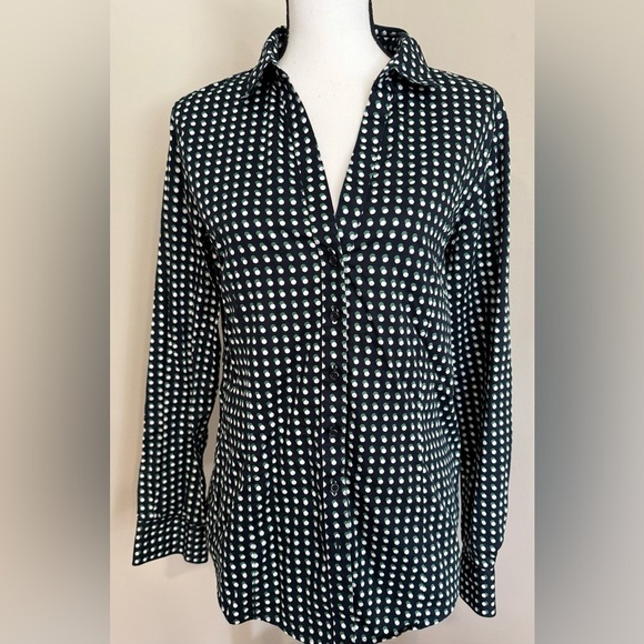 Brooks Brothers Fitted Blue Green Polka Dot V Neck Button Up Blouse - Picture 2 of 10